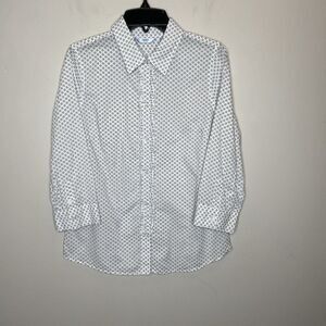 IZOD Top Women Petite Small PS Ruffle Trim Fitted Blouse White Floral Cotton